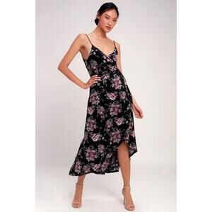 Lulus Moonlight Spell Black Floral Print Velvet High-low Wrap Dress - Size S